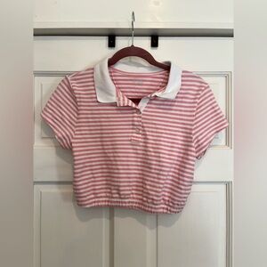Aerie Offline Cropped Striped Collared Pink and White Shirt Golf Tennis